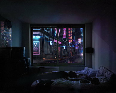 neon, notte, persone, stanza, benvenuti a casa, Sfondo HD HD wallpaper