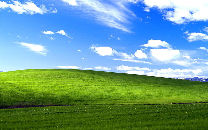 blue sky, Windows XP, Microsoft Windows, green, blue, sky, nature, landscape, hills, grass, field, clouds, HD wallpaper
