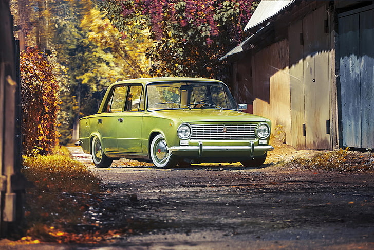 classic green sedan, car, lada, 2101, stance, resto, HD wallpaper