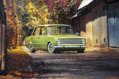 класически зелен седан, кола, лада, 2101, стойка, ресто, HD тапет HD wallpaper