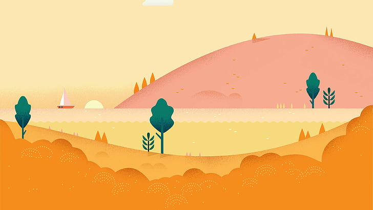 pink mountain illustration, android, 5k, 4k, HD wallpaper, muster, landschaft, orange, gelb, abstrakt, HD-Hintergrundbild
