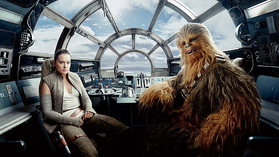 Star Wars: The Last Jedi, Star Wars, Rey (จาก Star Wars), Rey, ภาพยนตร์, Chewbacca, Daisy Ridley, วอลล์เปเปอร์ HD HD wallpaper