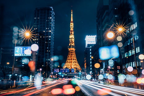 Buildings, Tokyo Tower, Bokeh, Building, City, Japan, Night, Skyscraper, Time-Lapse, Tokyo, HD wallpaper HD wallpaper