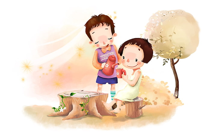 ilustração de menino e menina, desenho, menina, menino, prado, flores, árvores, folhas, vento, chá, infância, positivo, HD papel de parede