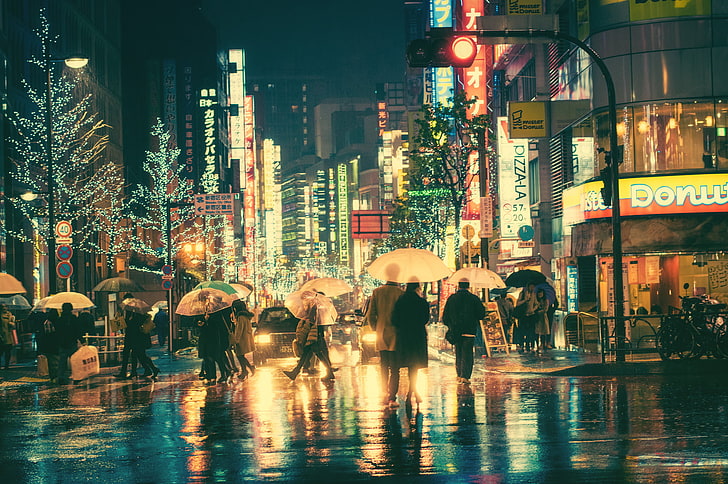 gente che cammina sulla strada con l'ombrello durante il giorno, persone, pioggia, Giappone, Sfondo HD