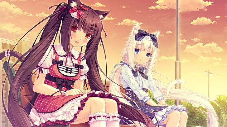 due personaggi di anime girl, Neko Para, Nekomimi, Chocolat (Neko Para), Vanilla (Neko Para), Sfondo HD