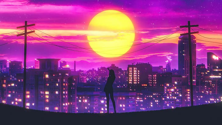 landscape, purple sky, sunset, cityscape, night, city, lights, Sun, digital art, illustration, artwork, HD wallpaper