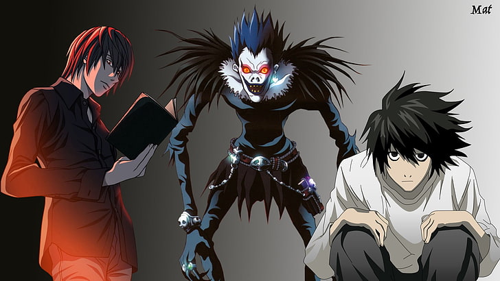 Death Note L, Ryu, and Light Yagame digital wallpaper, Ryuk, Yagami Light, Death Note, HD wallpaper