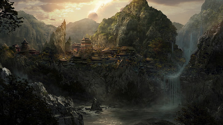 ilustrasi gunung, kota, air terjun, Jepang, Wallpaper HD