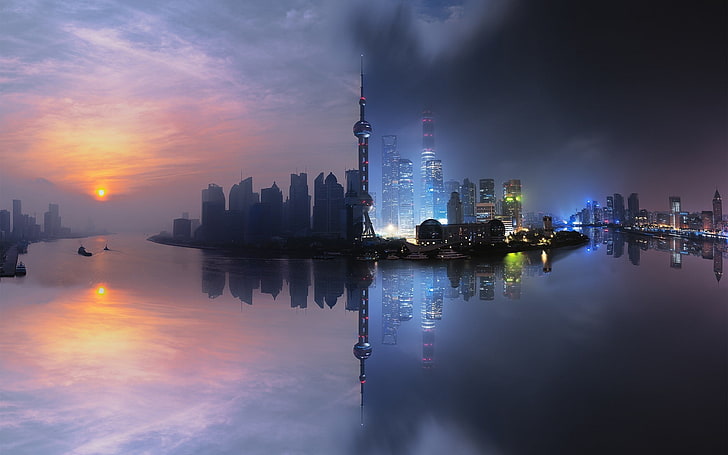 grattacielo collage, grattacielo vicino a spo d'acqua, città, paesaggio urbano, Shanghai, Cina, grattacielo, costruzione, tramonto, torre, nuvole, mare, riflesso, luci, manipolazione fotografica, filtro, Sfondo HD