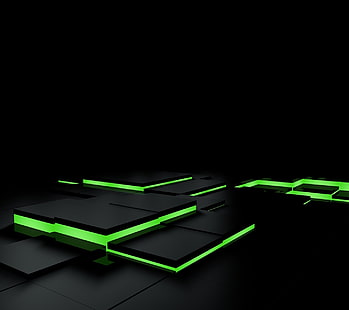 black and green LED template, abstract, black, green, 3D Blocks, square, tiles, HD wallpaper HD wallpaper