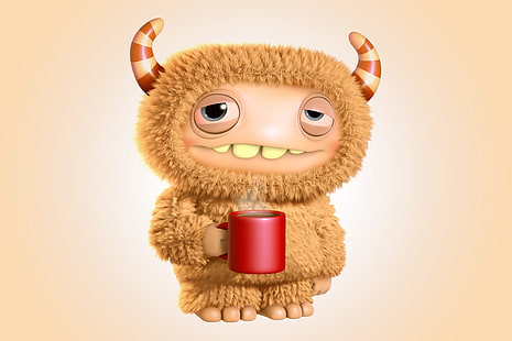 Little Foot Charakter ClipArt, Kaffee, Monster, Morgen, Cartoon, Charakter, lustig, niedlich, HD-Hintergrundbild HD wallpaper