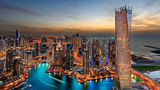 Дубай, небостъргачи, нощен изглед, град, фотография, море, небе, силует, Дубай, небостъргачи, нощен изглед, град, силует, море, небе, HD тапет HD wallpaper
