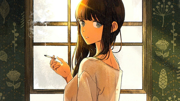 anime girls, solo, smoke, cigarettes, smoking, HD wallpaper