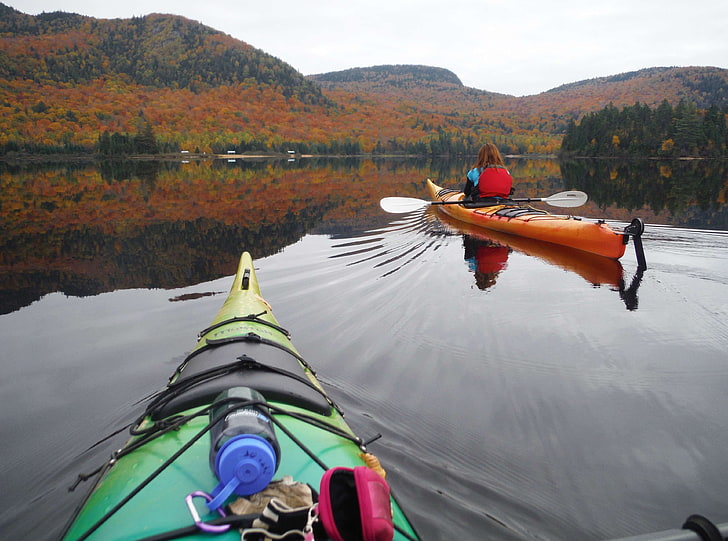 autumn, autumn colours, canada, kayak, kayaking, lake, mountain lake, peaceful, quebec, woman, HD wallpaper