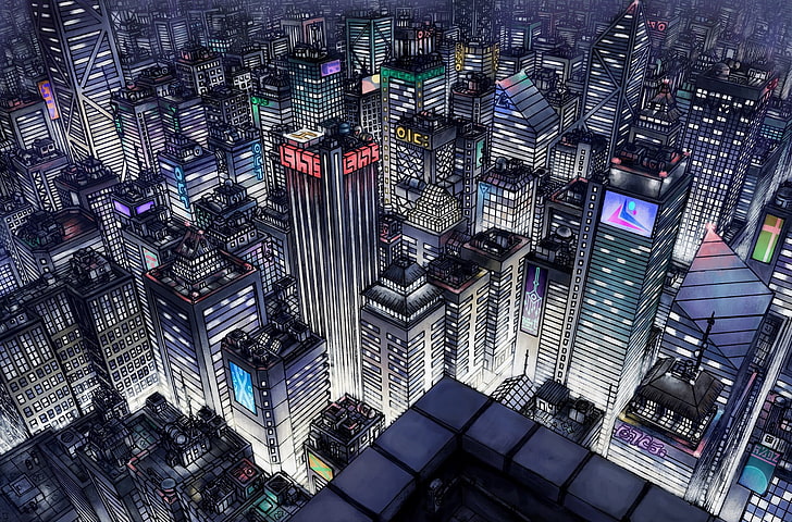 high rise buildings illustration, cityscape, night, artwork, skyscraper, HD wallpaper