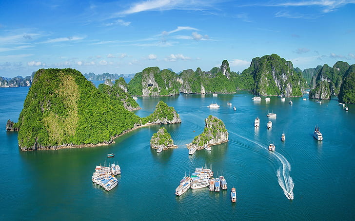 Kendaraan, Perahu, Teluk Ha Long, Pulau, Batuan, Kendaraan, Vietnam, Wallpaper HD