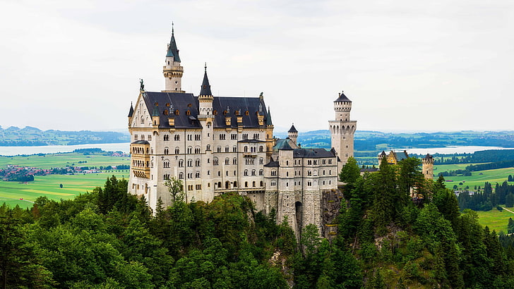 Neuschwanstein Castle, ปราสาท, อาคาร, สถาปัตยกรรม, ภูมิทัศน์, ต้นไม้, เยอรมนี, วอลล์เปเปอร์ HD