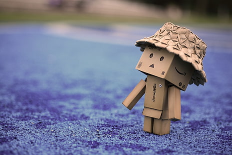 photographie de mise au point sélective d'un homme de la boîte portant un chapeau en osier brun, danbo, robot en carton, chapeau, promenade, Fond d'écran HD HD wallpaper