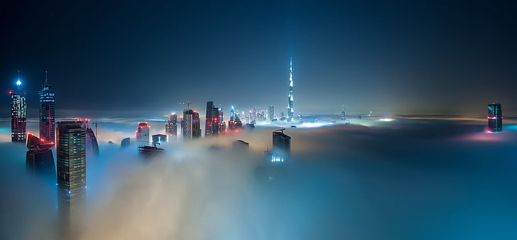 şehir, bina, sis, Dubai, Uluslararası Dubai Kongre ve Sergi Sarayı, gökdelen, bulutlar, gece, HD masaüstü duvar kağıdı