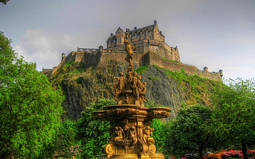 Единбургски замък Шотландия, Единбург, Шотландия, замък, фонтан, HD тапет HD wallpaper