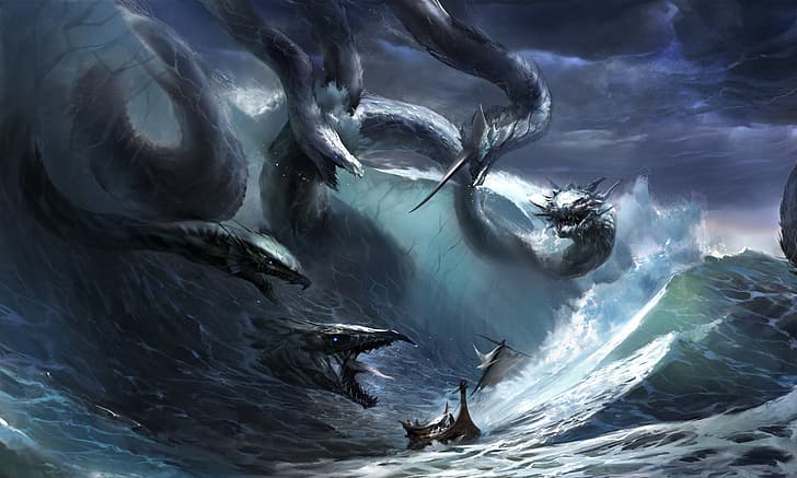 волны, шторм, фэнтези, океан, опасность, корабль, ситуация, арт, гидра, HD обои