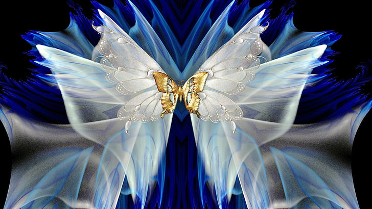 Artistic, Butterfly, Blue, Design, Gold, White, HD wallpaper