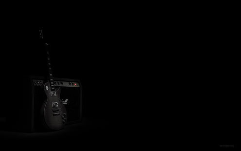 schwarze E-Gitarre und Verstärker, Dunkelheit, Gitarre, Lautsprecher, schwarz, HD-Hintergrundbild HD wallpaper