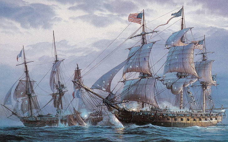 two brown galleon ships illustration, painting, sailing ship, American flag, sea, ship, artwork, HD wallpaper