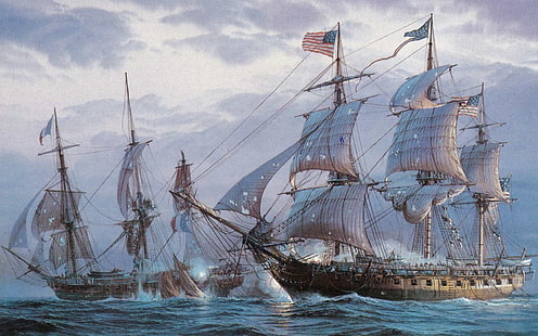 illustration de deux navires galion brun, peinture, voilier, drapeau américain, mer, navire, oeuvre, Fond d'écran HD HD wallpaper
