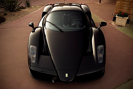 Ferrari, Enzo, มุมมองด้านหน้า, ฝากระโปรง, สีดำ, วอลล์เปเปอร์ HD HD wallpaper