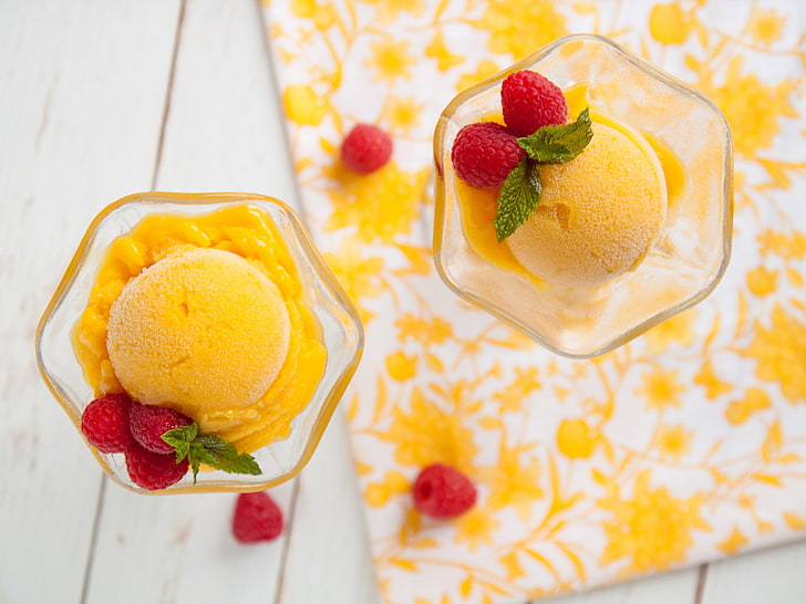 two clear glass cups, balls, berries, raspberry, ice cream, yellow, dessert, sweet, bowl, HD wallpaper