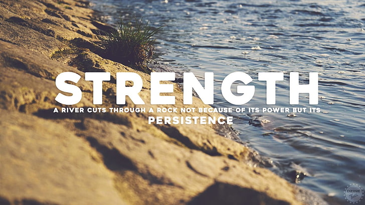 strength text on body of water background, water, rock, blue, brown, quote, HD wallpaper