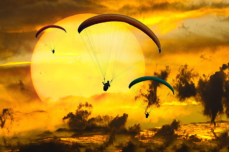 paraglider, paragliding, clouds, sky, sun, HD wallpaper HD wallpaper