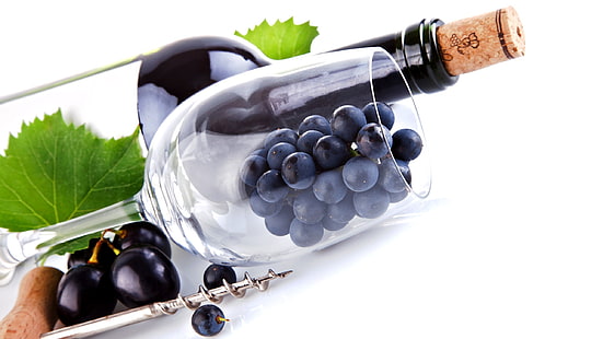 храна, вино, грозде, бял фон, бутилки, чаша за пиене, HD тапет HD wallpaper