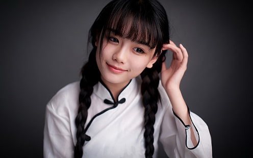 hanfu, Chinese dress, Asian, simple background, smiling, hands in hair, model, women, HD wallpaper HD wallpaper