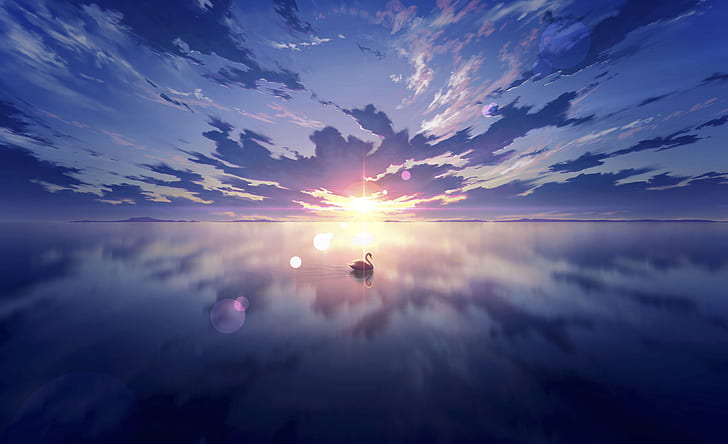 anime, anime sky, sky, skyscape, lake, swan, reflection, shining, sunlight, nature, water, sea, landscape, clouds, sun rays, Sun, digital, digital art, artwork, HD wallpaper