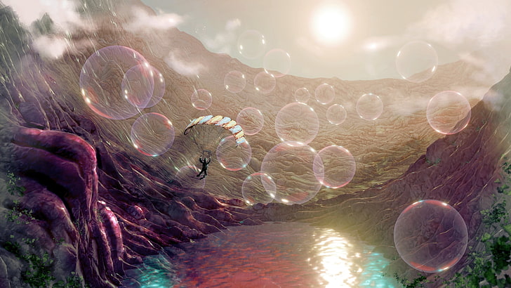 Dreamscape, bubble, luminos, fantasy, water, vara, summer, mark van cooten, dream, pink, HD wallpaper