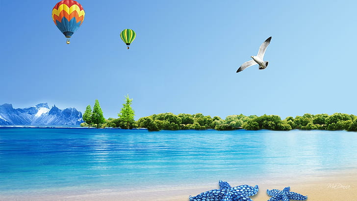 Balloon Fun Summer, ภูเขา, ต้นไม้, ฤดูใบไม้ผลิ, ชายหาด, นก, มหาสมุทร, ฤดูร้อน, ธรรมชาติและภูมิทัศน์, วอลล์เปเปอร์ HD