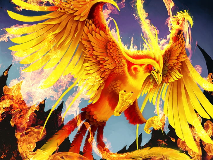Art pictures, golden phoenix, bird, fire, wings, Art, Pictures, Golden, Phoenix, Bird, Fire, Wings, HD wallpaper