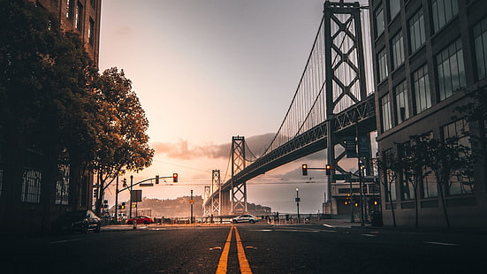 الطريق ، الجسر ، سان فرانسيسكو ، الشارع ، إشارات المرور ، إنارة الشوارع ، كاليفورنيا، خلفية HD HD wallpaper