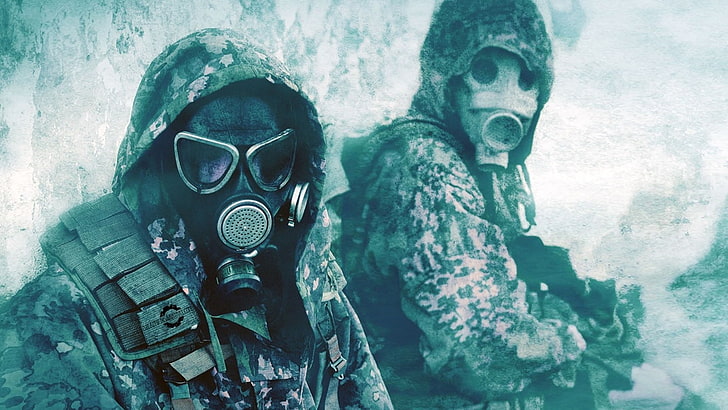 mężczyźni, maski gazowe, zima, żołnierz, apokaliptyczny, wojskowy, Tapety HD