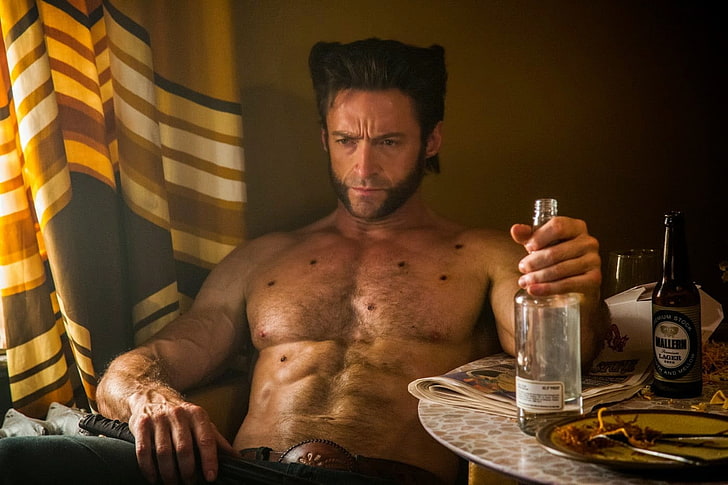 two brown wooden table decors, Hugh Jackman, Wolverine, X-Men, shirtless, Logan, HD wallpaper