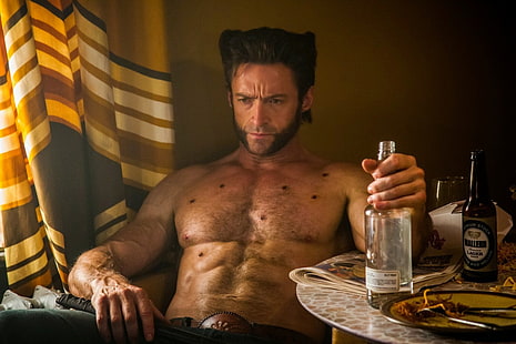 två bruna trädekorer av trä, Hugh Jackman, Wolverine, X-Men, bar överkropp, Logan, HD tapet HD wallpaper