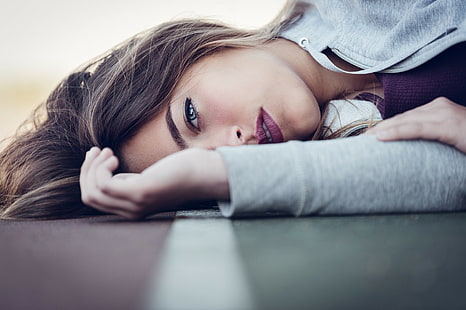 women, brunette, blue eyes, face, red lipstick, portrait, lying down, road, model, HD wallpaper HD wallpaper