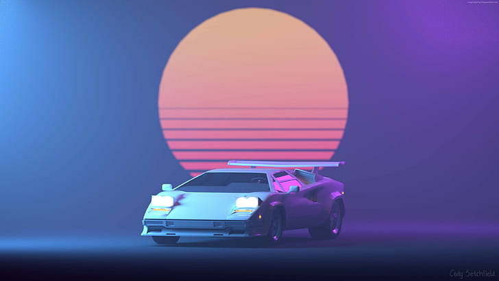 Lila, Retrowave, Lamborghini Countach, 4K, HD-Hintergrundbild