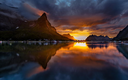 Noruega, Reine, montanhas, pôr do sol, lago, Noruega, Reine, montanhas, pôr do sol, lago, HD papel de parede HD wallpaper