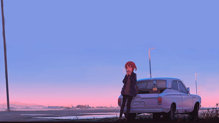 personaggio anime femminile appoggiato su carta da parati coupé argento, auto, tramonto, anime girls, personaggi originali, Sfondo HD