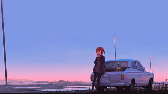 female anime character leaning on silver coupe wallpaper, car, sunset, anime girls, original characters, HD wallpaper HD wallpaper