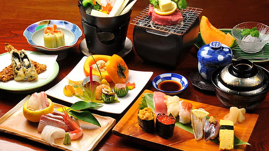 meal, sushi, food, dish, dinner, lunch, restaurant, banquet, nutriment, plate, gourmet, delicious, appetizer, healthy, meat, vegetable, table, seafood, cuisine, fish, raw, fresh, snack, salad, sauce, prepared, eat, rice, diet, board, salmon, japanese, tasty, asian, traditional, vegetables, served, cheese, slice, japan, HD wallpaper HD wallpaper